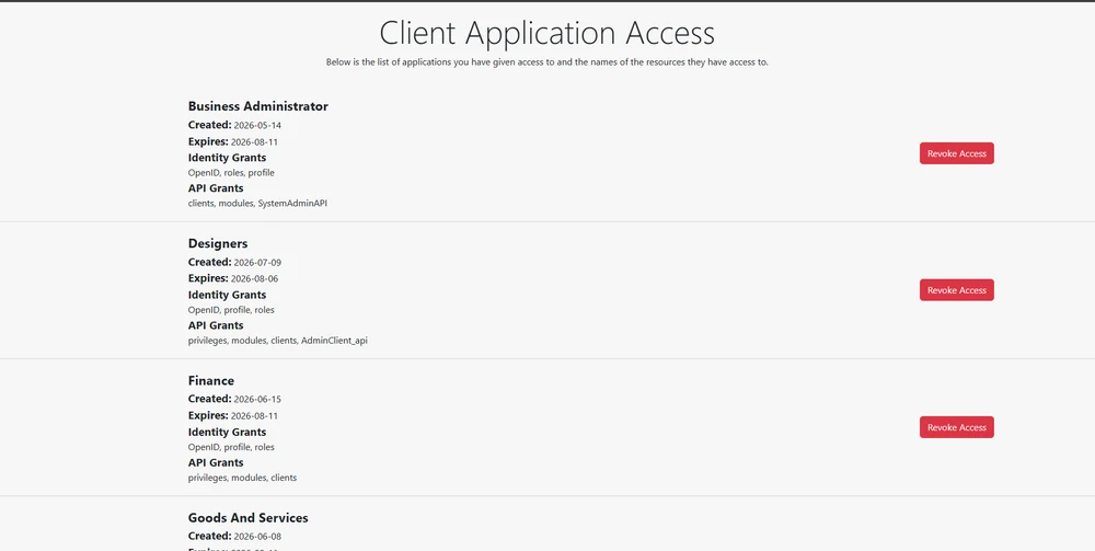 Per-application access grants issued by the continON identity service, each application listing its identity and API scopes.