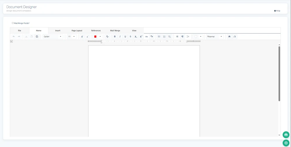The continON Document Designer: a word-processor template editor with File, Home, Insert, Page Layout, References, Mail Merge and View tabs, opened on a new blank template.