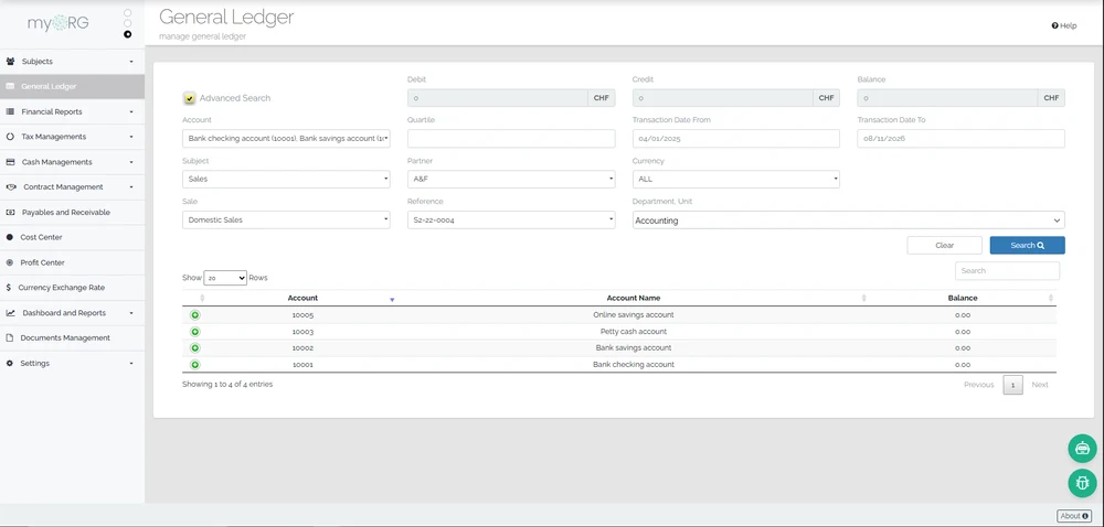 The continON general ledger with advanced search across account, subject, partner, currency, reference and department, listing accounts and balances.