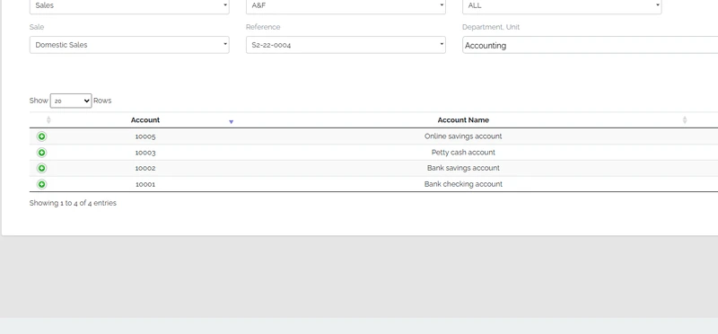 The continON general ledger — advanced search filters and the resulting accounts with balances.