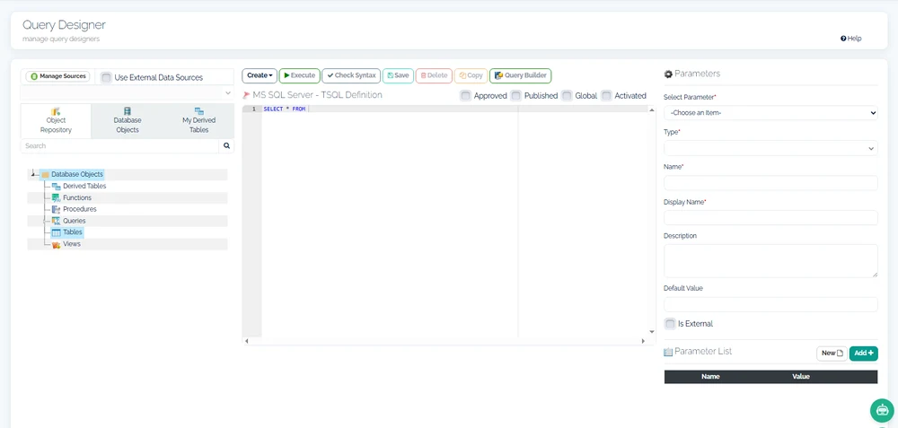 The continON Query Designer: the object repository of tables, views, procedures and functions on the left, a T-SQL definition editor with approved, published, global and activated flags, and a parameters panel on the right.