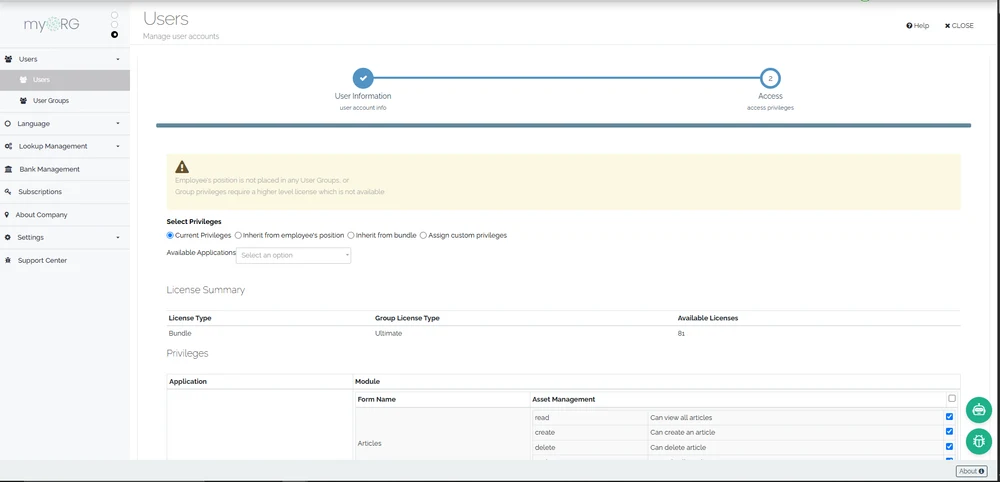 continON privilege selection: privileges inherited from the employee’s position, taken from a bundle or assigned explicitly, above the organization’s licence summary and a per-form privilege list.