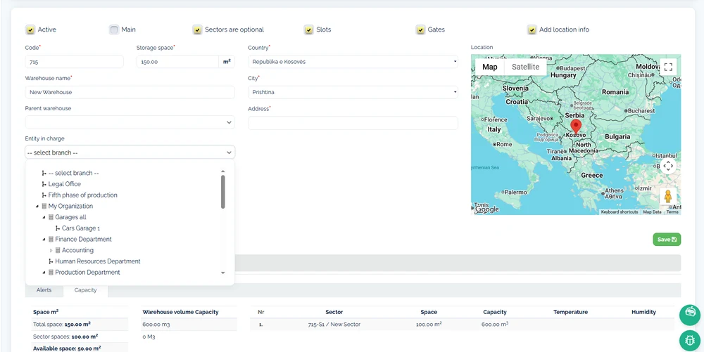 A continON warehouse record: active and main flags, sector, slot and gate switches, code and storage space, country and city, a parent-warehouse field, the entity in charge being chosen from the organization tree, and the geocoded location on a map.